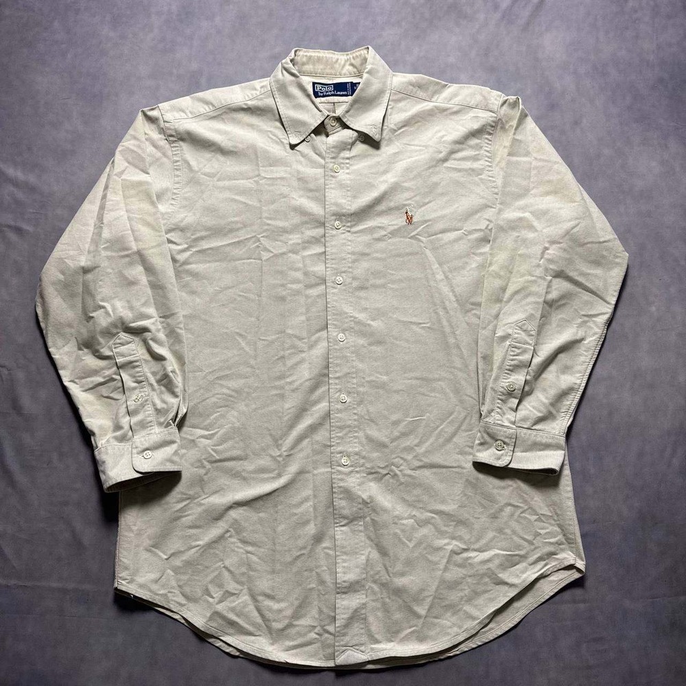 Polo Ralph Lauren Mens Tan Oxford Button Down Shirt 17 34/35 Long Sleeve Logo